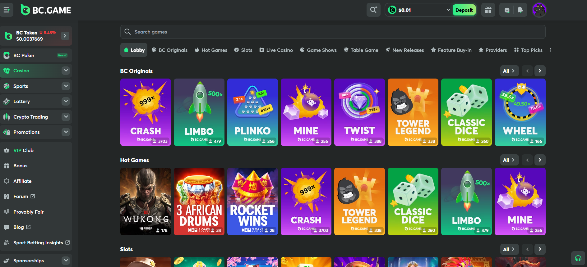 A screenshot of BC Game's no verification casino game section